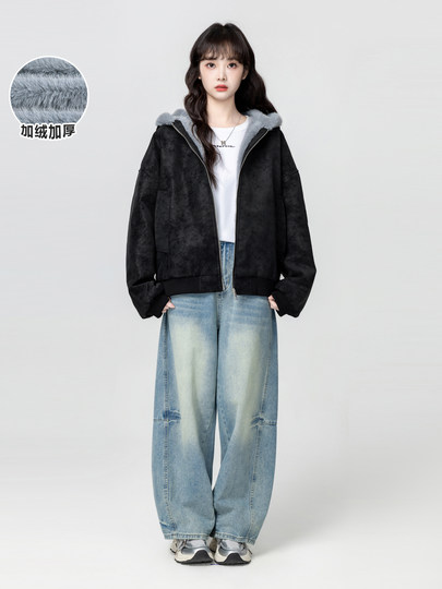 Black Hooded Leather Jacket for Women, Winter 2026 New Style, Fleece-Lined and Thickened Pu Leather with Fur Collar, Short Cotton Coat