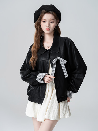 Black Lapel Leather Jacket Women's Spring and Autumn 2026 Autumn New Plaid Splicing PU Leather Jacket Cardigan Short Top