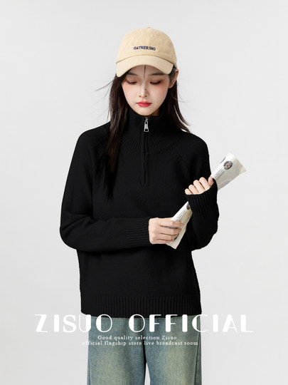 Black Half-Zip Turtleneck Sweater for Women 2024 Autumn and Winter New Design Loose Thickened Knitwear Outerwear
