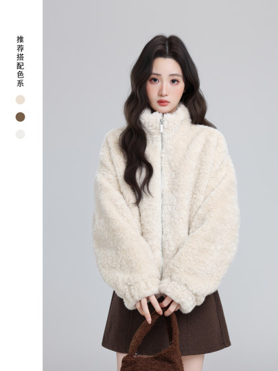 Apricot-Colored Stand-Collar Lamb Wool Coat for Women, Winter 2026 New Style, Loose Thickened Cardigan, Fluffy Short Top