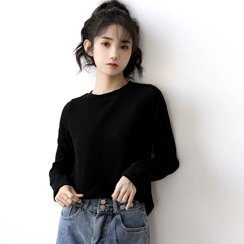 Весенняя черная осенняя футболка, цветной хлопковый приятный телу лонгслив, свободный крой, в корейском стиле