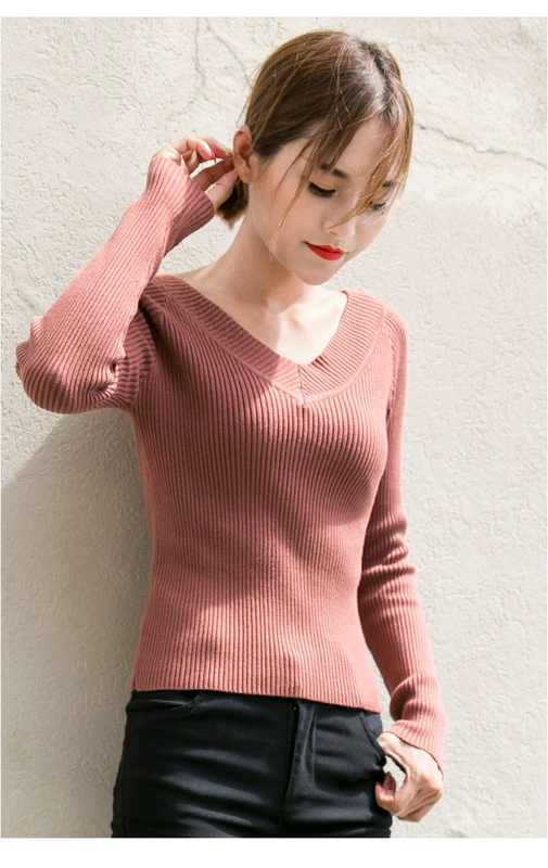 Mùa thu 2018 mới áo sơ mi dài tay màu đỏ gạch cổ chữ V áo len hoang dã nữ phiên bản Hàn Quốc áo khoác cardigan nữ