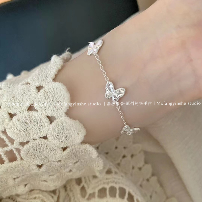 Pure Silver 999 Butterfly Bracelet with White Mother-Of-Pearl Laser-Engraved Butterfly Necklace for Women, Sweet Solid High-End Tassel Clavicle Chain
