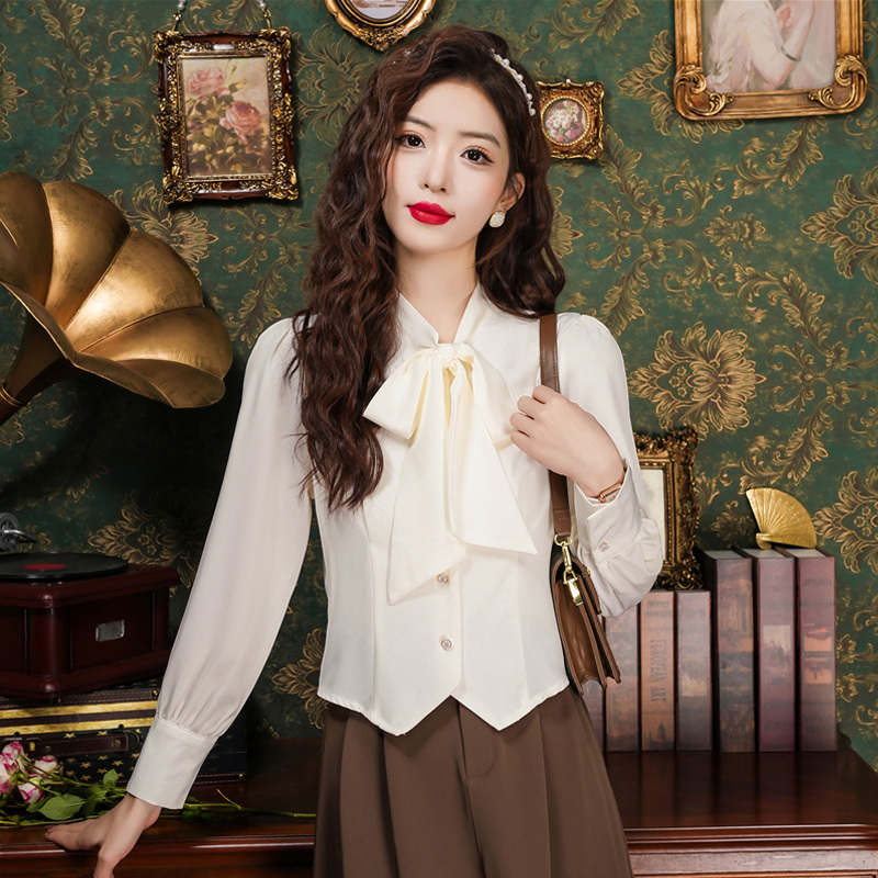 French-Style Ribbon Bow Chiffon Shirt for Women, Long-Sleeved, New Spring and Autumn Style, Elegant Shirt, Petite Short Top