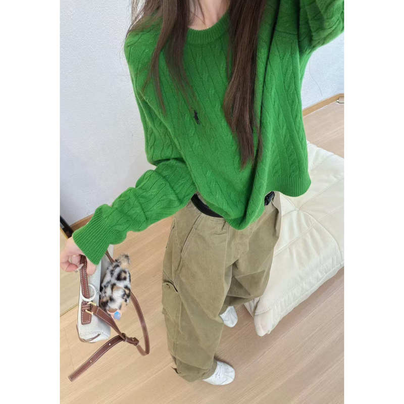 Korean-Style Gentle and Soft Green Cable-Knit Sweater for Women, Autumn and Winter, High-End Lazy Style, Loose Round-Neck Pullover Knitwear