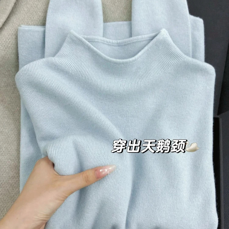 Sea Salt Blue Soft Chic Half-Turtleneck Knit Sweater for Women, Autumn and Winter Layering, Small Stand Collar, Stylish Inner Wear Base Layer Top