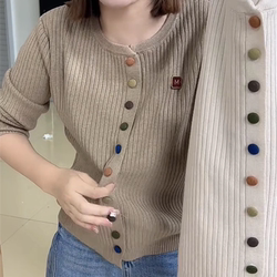 Colorful Button Casual Cardigan Knit Sweater for Women 2026 Spring New French Style Trendy Plus Size Age-Reducing Ribbed Sweater