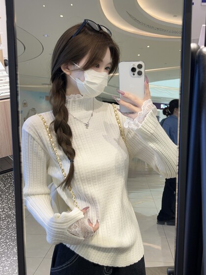 French-Style Gentle Chic Lace Half-High Collar Base Sweater for Women, 2026 Autumn Textured Inner Knit Top