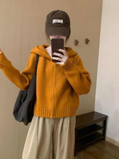 Solid Color Hooded Zip-Up Cardigan, Thickened, 2026 Autumn and Winter New Korean Style, Versatile, Loose, Slimming Knit Top for Women