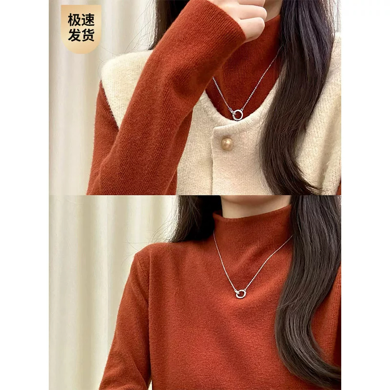 This Year's Trendy Retro Persimmon Red Base Shirt for Women, Suitable for Autumn and Winter, with a Half-High Collar, Long-Sleeve Knit Top This Year's Trendy Retro Persimmon Red Base Shirt for Women, Suitable for Autumn and Winter, with a Half-High Collar, Long-Sleeve Knit Top