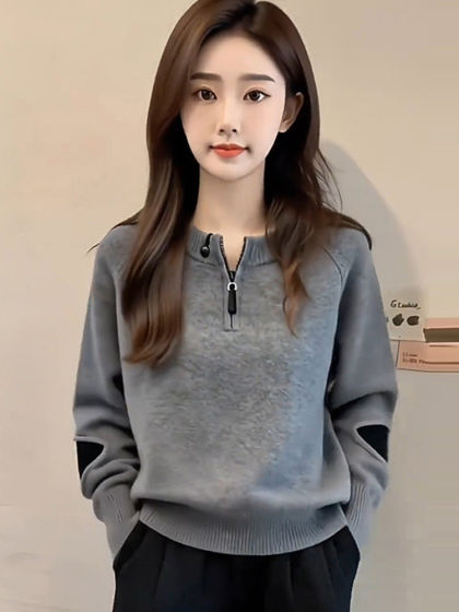 Korean-Style High-End Gray Half-Zip Knit Sweater for Women, Autumn and Winter Fashion, Loose Fit, Slimming, Versatile Top