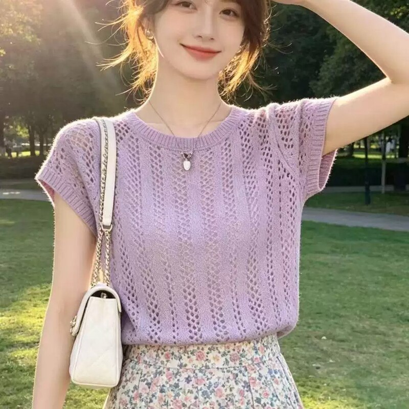 2026 Summer New Korean Style Chic Hollow Out Round Neck Knit Top Women's Versatile Cute Top for Petite Figures
