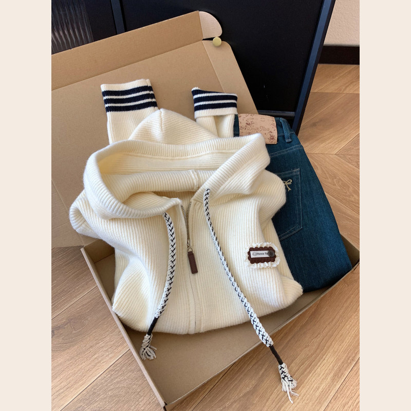 Korean-Style Loose and Casual Zip-Up Youthful Outerwear Sweater for Women, Cardigan, 2026 Early Autumn New Hooded Knit Jacket