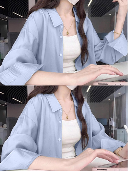 French-Style Blue Long-Sleeved Shirt for Women, Summer New Popular Style, Loose, Lazy Style, Casual Sun Protection Shirt Jacket