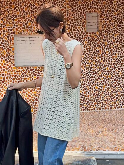 Korean Style Knitted Sweater Spring Wear for Women 2026 New Design Hollow-Out Mid-Length Sleeveless Vest Early Spring Top