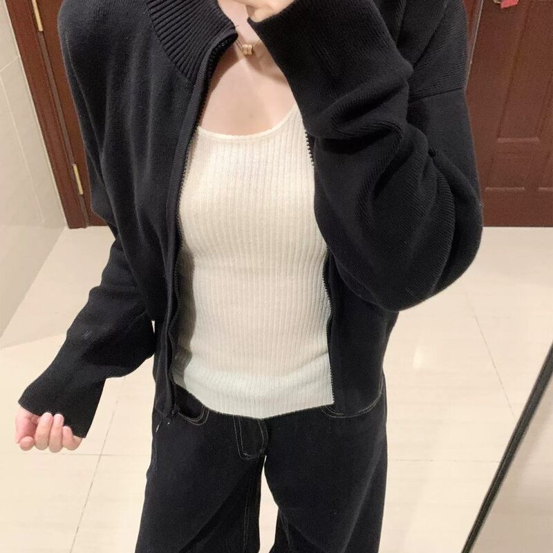 Black Zipper Knitted Cardigan Jacket for Women Spring and Autumn 2026 New Style Slim-Fit Sweater Chic Korean Style Top