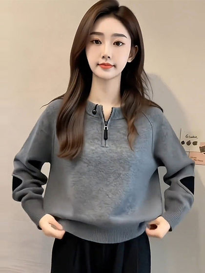Korean-Style High-End Gray Half-Zip Knit Sweater for Women, Autumn and Winter Fashion, Loose Fit, Slimming, Versatile Top