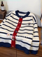 Contrast color retro striped cardigan sweater jacket for women autumn new cartoon Korean style versatile slimming sweater top