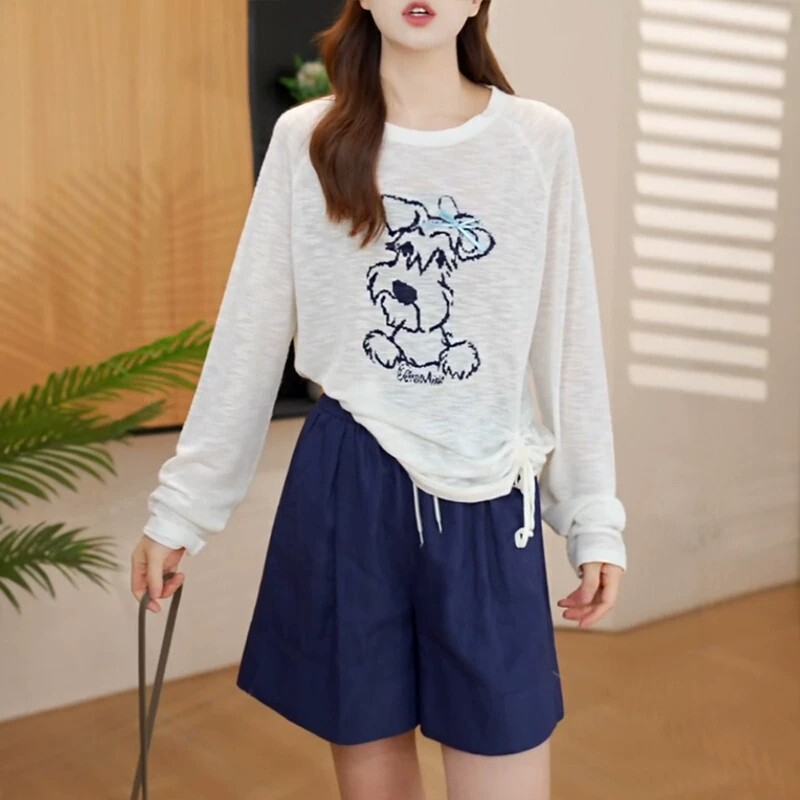 Sun Protection Blouse for Women with Puppy Bow Design, Korean Style Lightweight White Long-Sleeved T-Shirt with Drawstring Hem, Women's Summer Top Sun Protection Blouse for Women with Puppy Bow Design, Korean Style Lightweight White Long-Sleeved T-Shirt with Drawstring Hem, Women's Summer Top