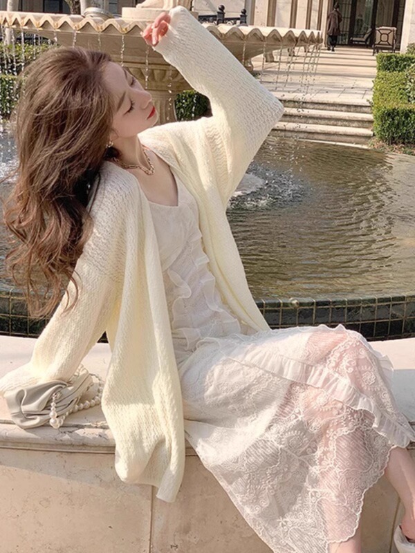 Knitted Cardigan for Women, Thin Camisole Dress, Outerwear, Summer Sun Protection Shawl, Long Sweater Coat