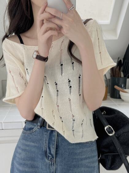 French-Style Hollow-Out Ice Silk Short-Sleeve Knit Top for Women, Summer Ripped Thin Stylish Short Cover-Up Blouse