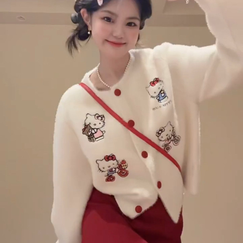 Cartoon Embroidered Sweater 2025 Autumn and Winter New Style Lazy Style Versatile Round Neck Cardigan Jacket Women's Knitted Top Cartoon Embroidered Sweater 2025 Autumn and Winter New Style Lazy Style Versatile Round Neck Cardigan Jacket Women's Knitted Top