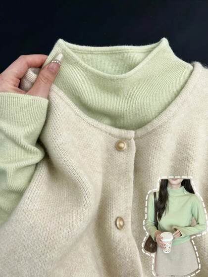 Beautiful Vintage Matcha Green Miu-Style Base Layer Sweater for Women, Autumn and Winter Warm Knit Inner Layer with Stand Collar, Soft and Cozy Top