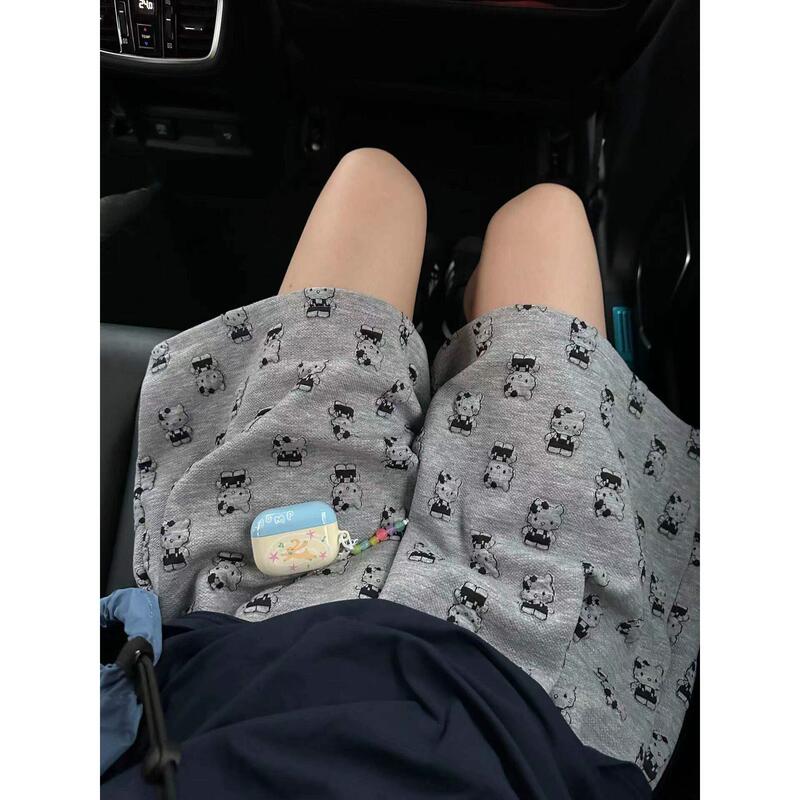Next Moon Korean Style Kitty Cat Print Shorts for Women, New Summer Elastic Waist Loose Casual Sports Style