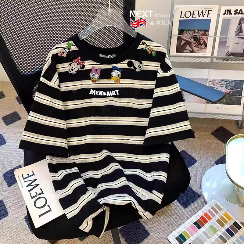 Next Moon British Co-Branded Black Striped Cartoon Short-Sleeved T-Shirt for Women 2025 Summer New Style Loose and Slimming