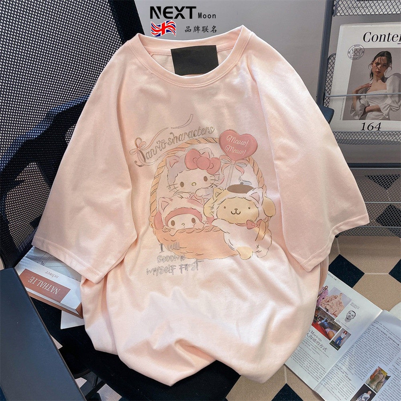 Next Moon British Co-Branded Cute Pink Cartoon Print Short-Sleeved T-Shirt for Women, New Summer Style, Age-Reducing College Style