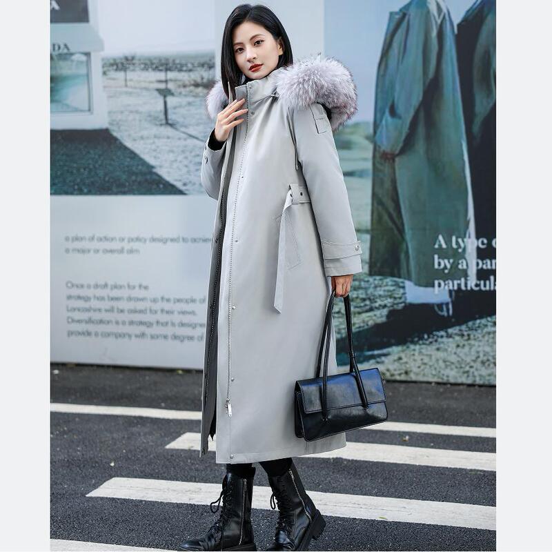 New White Goose down Jacket for Women, Mid-Length, Over-The-Knee, Winter Hooded down Jacket with Detachable Liner, Parka Coat