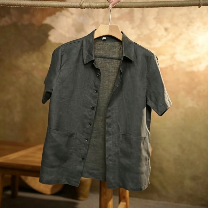 Summer Men's Chinese Style Solid Color Thin Breathable Turn-Down Collar Short-Sleeve Linen Shirt Jacket Old Money Casual