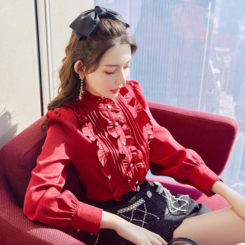 Mary New Stand-Up Collar Ruffled Chiffon Shirt 2026 Spring Zodiac Year Red Slim Fit Super Fashionable Young Women's Shirt
