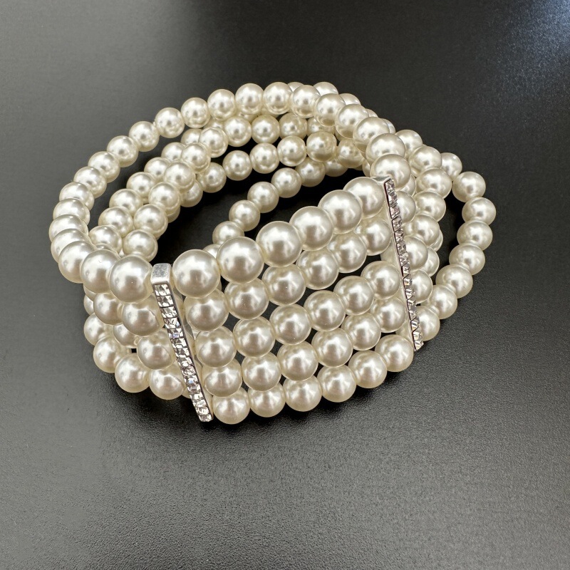 Medieval Vintage Accessible Luxury Sparkling Diamond Multi-Row Gradient High-End Artificial Pearl Bracelet Elastic Bracelet Accessories