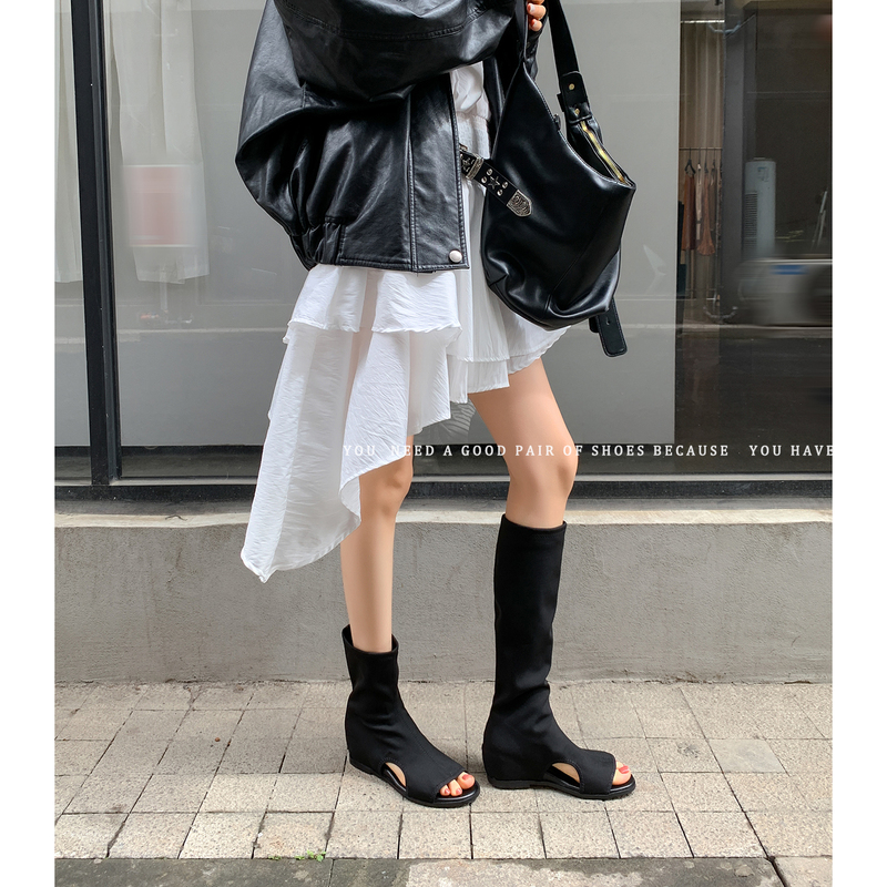 Zhou Xiaoyao~26 New Style Women's Summer Black Elastic Long Boots with Hidden Heels, Open-Toe, Flat-Soled, Slimming Fashion Boots