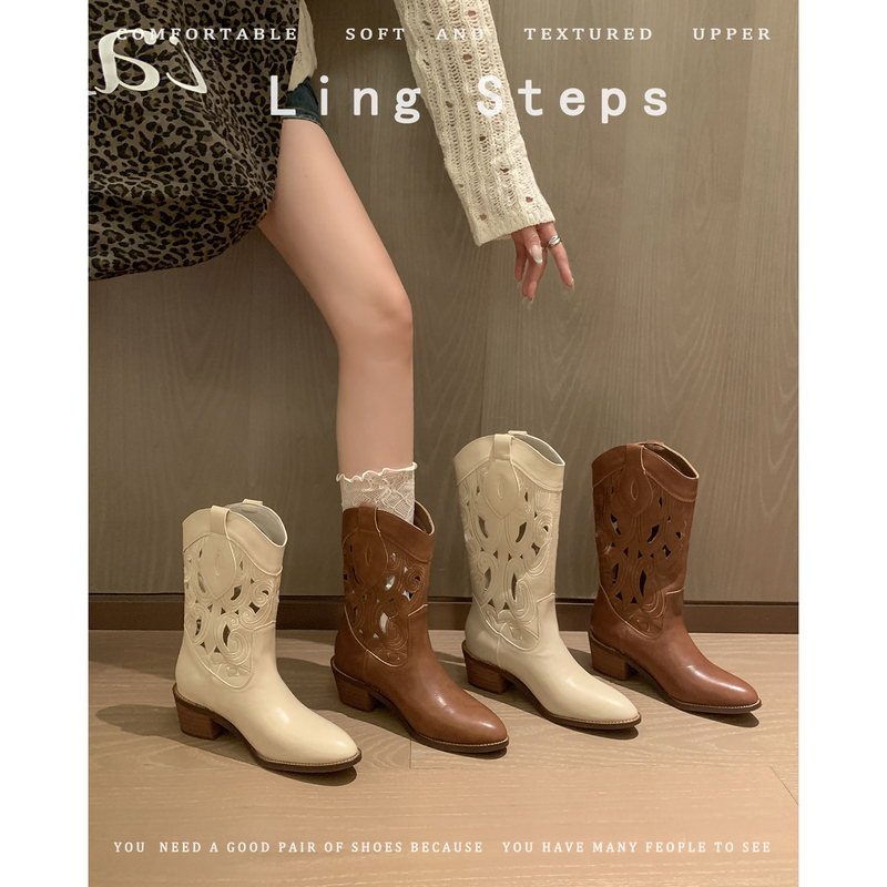 Zhou Xiaoyao~2026 Summer New Vintage Hollow Western Cowboy Sandals Women's Handmade Genuine Leather Melard Style Boots