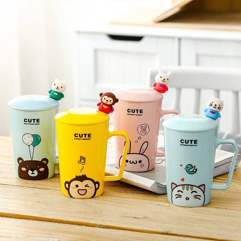 Cute cartoon mug with lid spoon monkey ceramic water cup cup breakfast cup coffee cup milk cup office woman