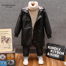 Boys autumn and winter clothes plus velvet thick leather coat childrens coat 2021 new long 12 middle school boy 15 years old