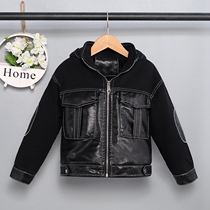 Boy denim Puu leather jacket 2021 Winter New plus velvet padded leather jacket kid hooded foreign jacket tide