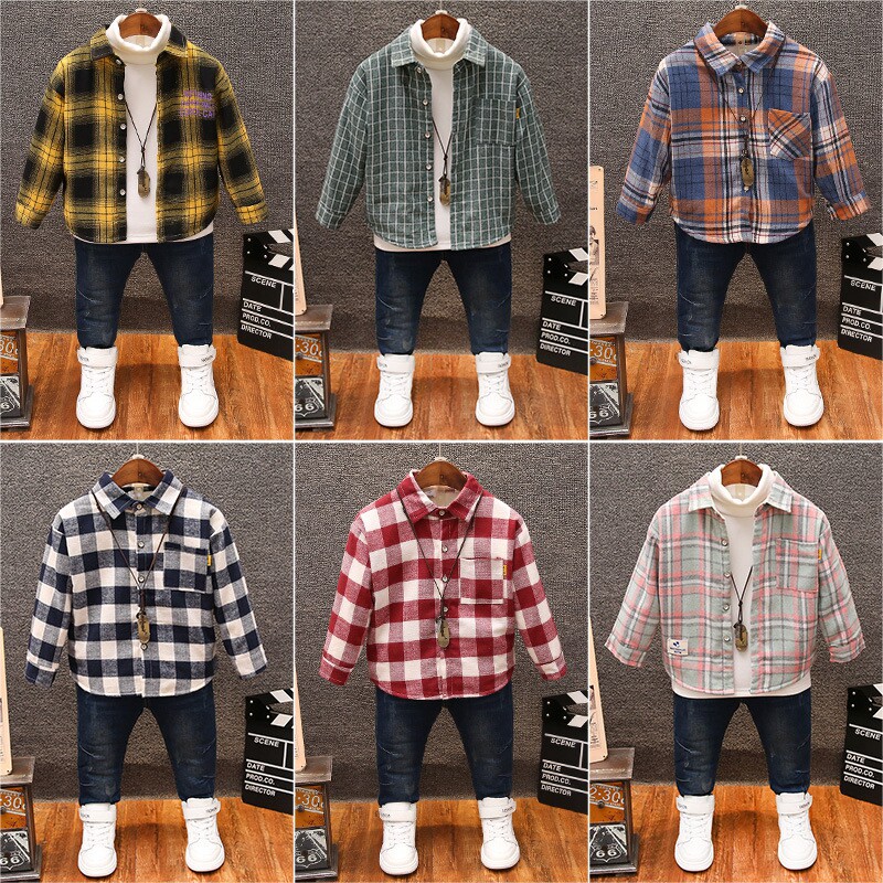 Boy gush shirt long sleeve winter clothing 2022 baby new foreign school boy plaid shirt children thickened blouses