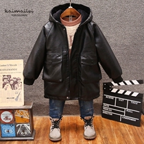 Baby long hooded leather jacket boys warm winter thick leather jacket casual handsome new 2021 Winter