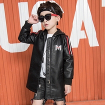 Boy plus velvet padded trench coat fashion hooded coat Korean version of puleather coat large childrens leather jacket medium and long tide