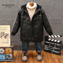 Boy warm long leather clothing children hooded winter coat 2021 New plus velvet thick handsome leather coat