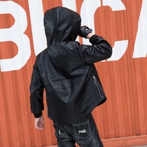 Boys leather jacket spring dress 2021 new childrens jacket foreign-style Kid plus velvet padded hooded baby top