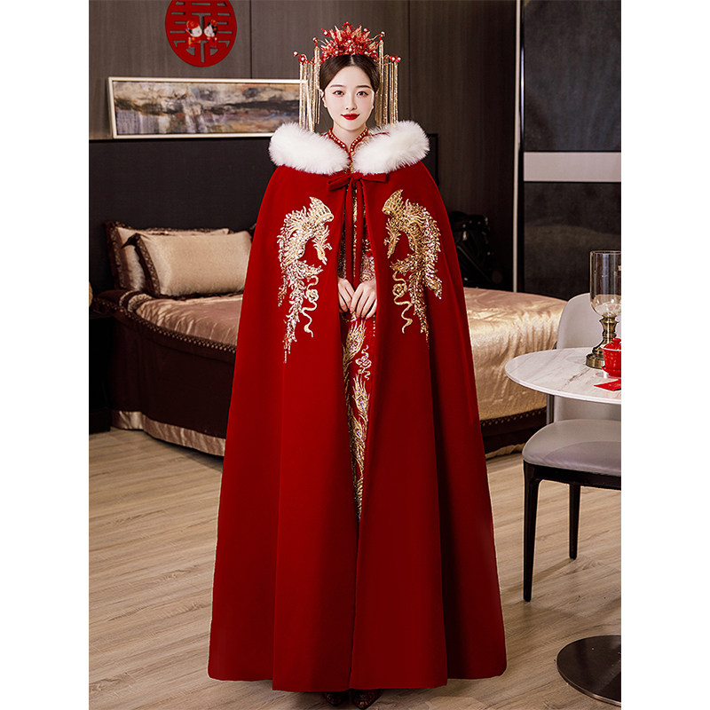 Зимняя меховая шаль Ханфу, утолщенная одежда Xiuhe, плащ в китайском стиле плюс бархатный свадебный плащ невесты, женский красный длинный