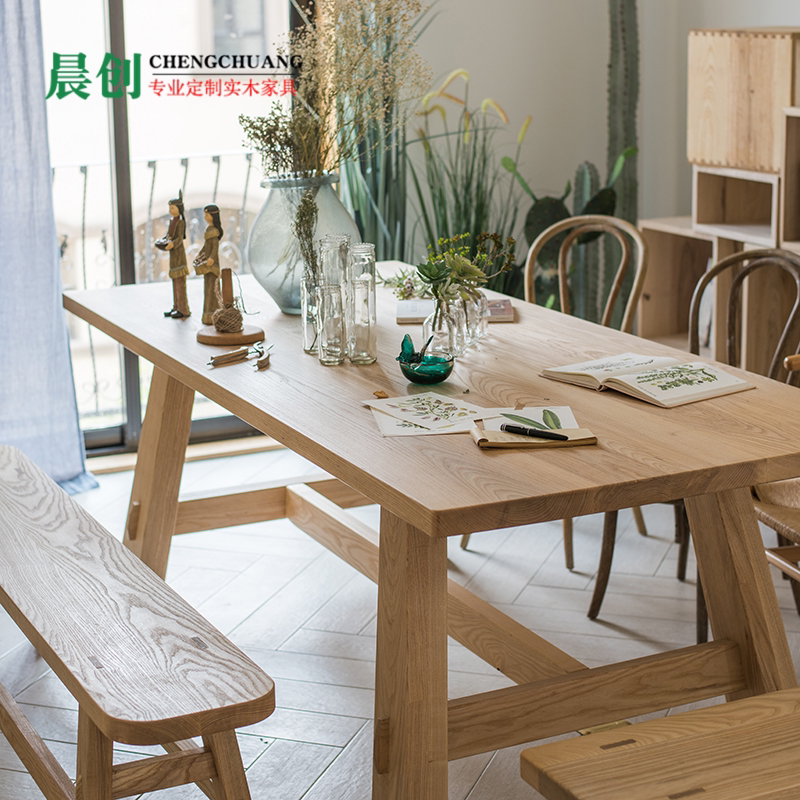 Nordic Solid Wood Table and Chair Combined rectangular white wax wood household dining room dining table custom log workbench