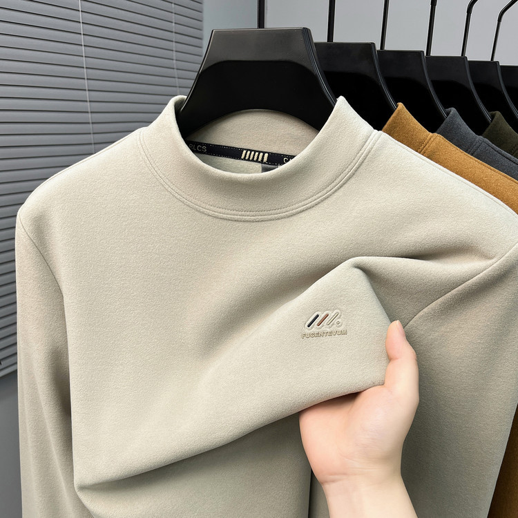 Autumn and Winter Men's Mid-Collar Long-Sleeve Top, Mulberry Silk Camel Wool Brushed Half-High Collar Base Shirt, Casual Versatile Pullover Autumn and Winter Men's Mid-Collar Long-Sleeve Top, Mulberry Silk Camel Wool Brushed Half-High Collar Base Shirt, Casual Versatile Pullover