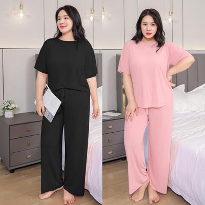 Summer plus-size ice silk pajama set for women, chubby girls, short-sleeved shirts, long pants, wide-leg pants, fat and plus-size home wear, loose