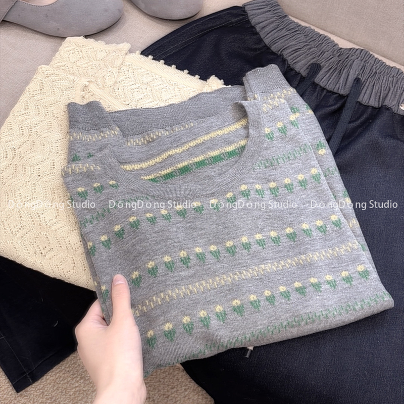 All-Over Jacquard! /Summer Flowers/ Short-Sleeved Striped Printed Knit Shirt [Length 59cm, Bust 96cm] 9090