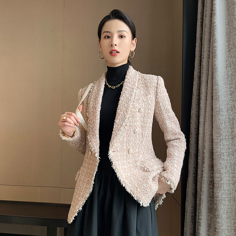 YIMU pink suit jacket women's small fragrance suit autumn and winter high-end Fan Qingguo collar thick flower Ni plaid top